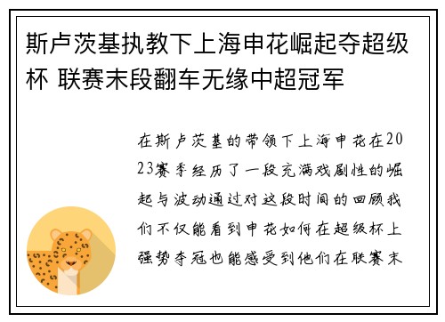 斯卢茨基执教下上海申花崛起夺超级杯 联赛末段翻车无缘中超冠军